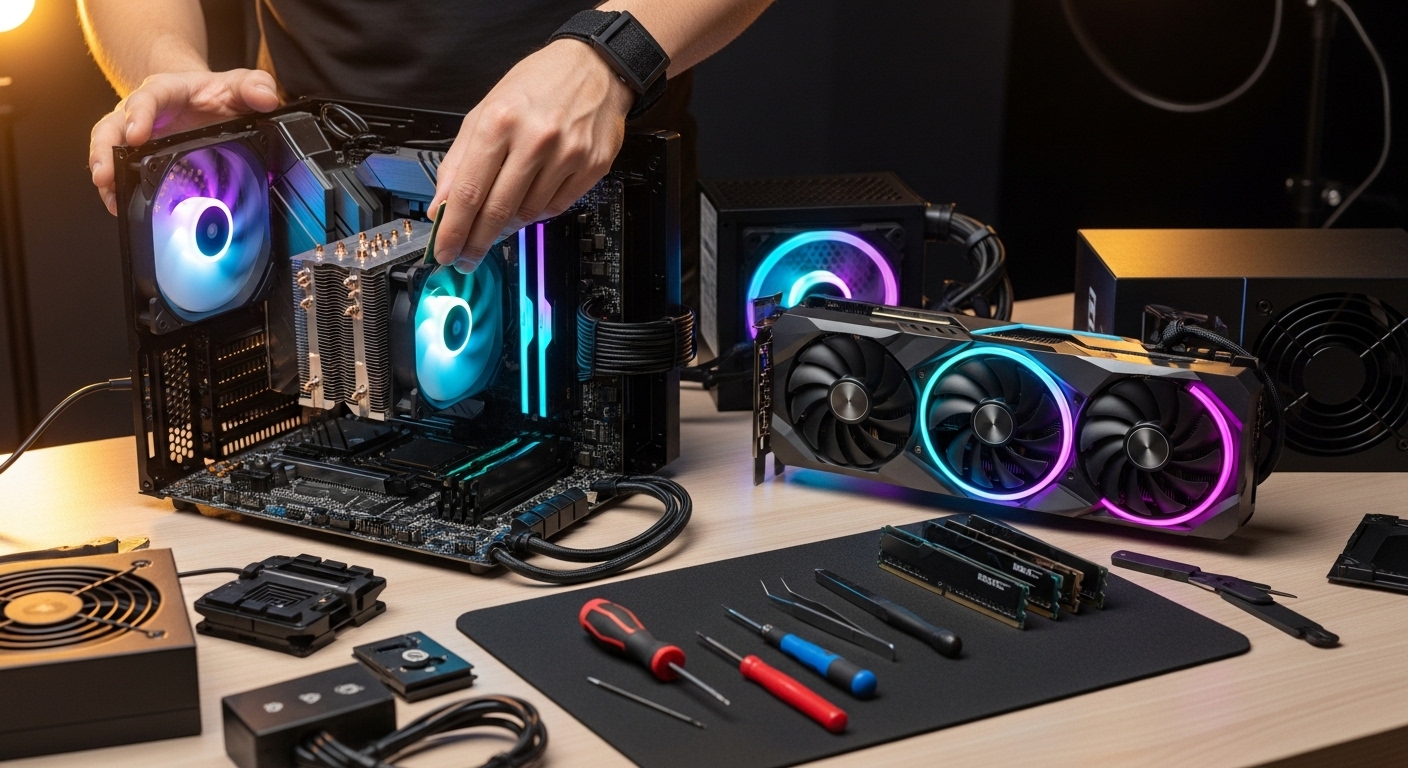 PC case and components laid out on a desk before assembly